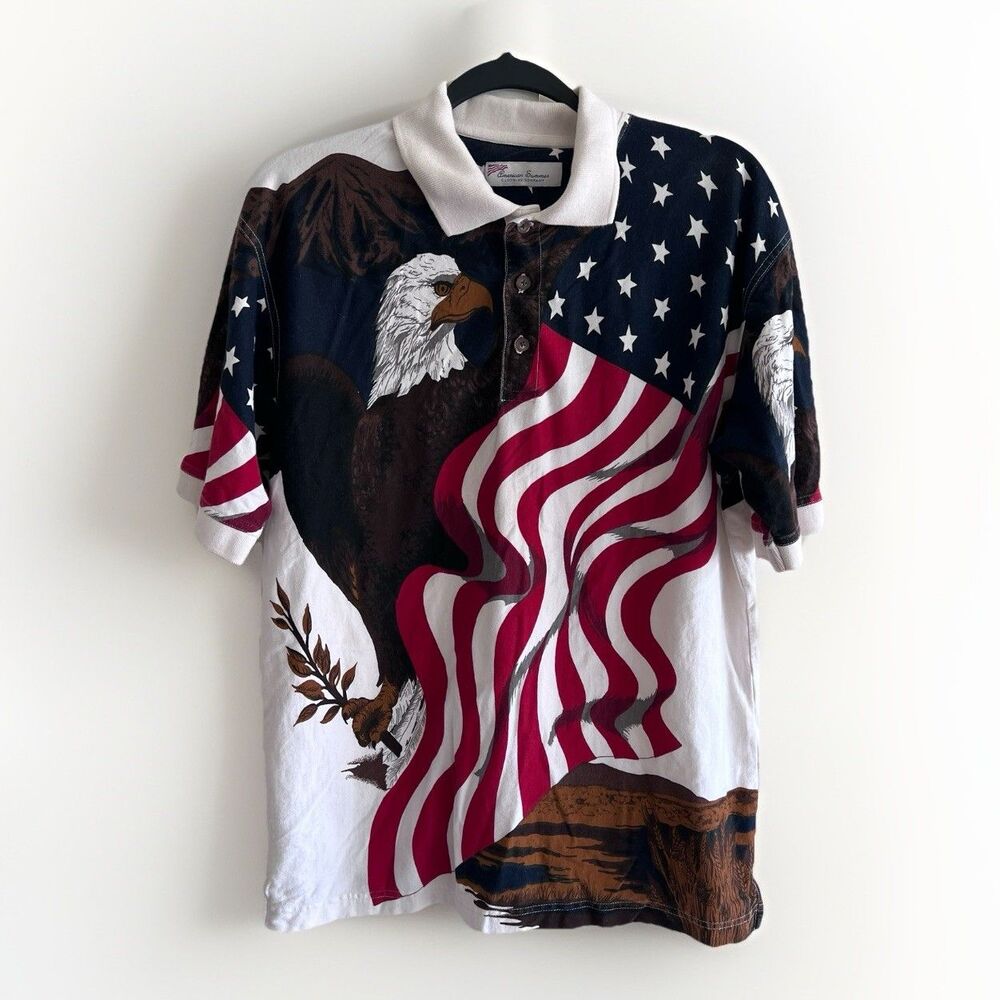 American Summer Eagle Flag Polo Shirt Medium USA Patriotic Dadcore